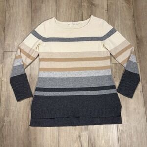 ATHLETA Women's Sweater Large Striped 100% Cashmere Brown Black Pullover Soft‎